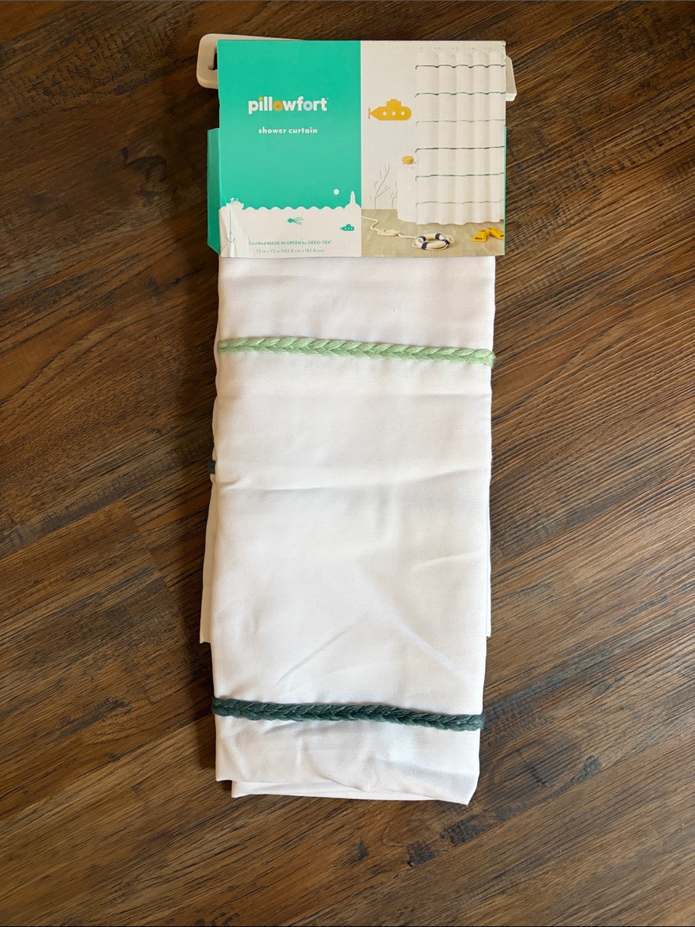 Pillowfort White Shower Curtain with Light Green and Dark Green Braided Trim